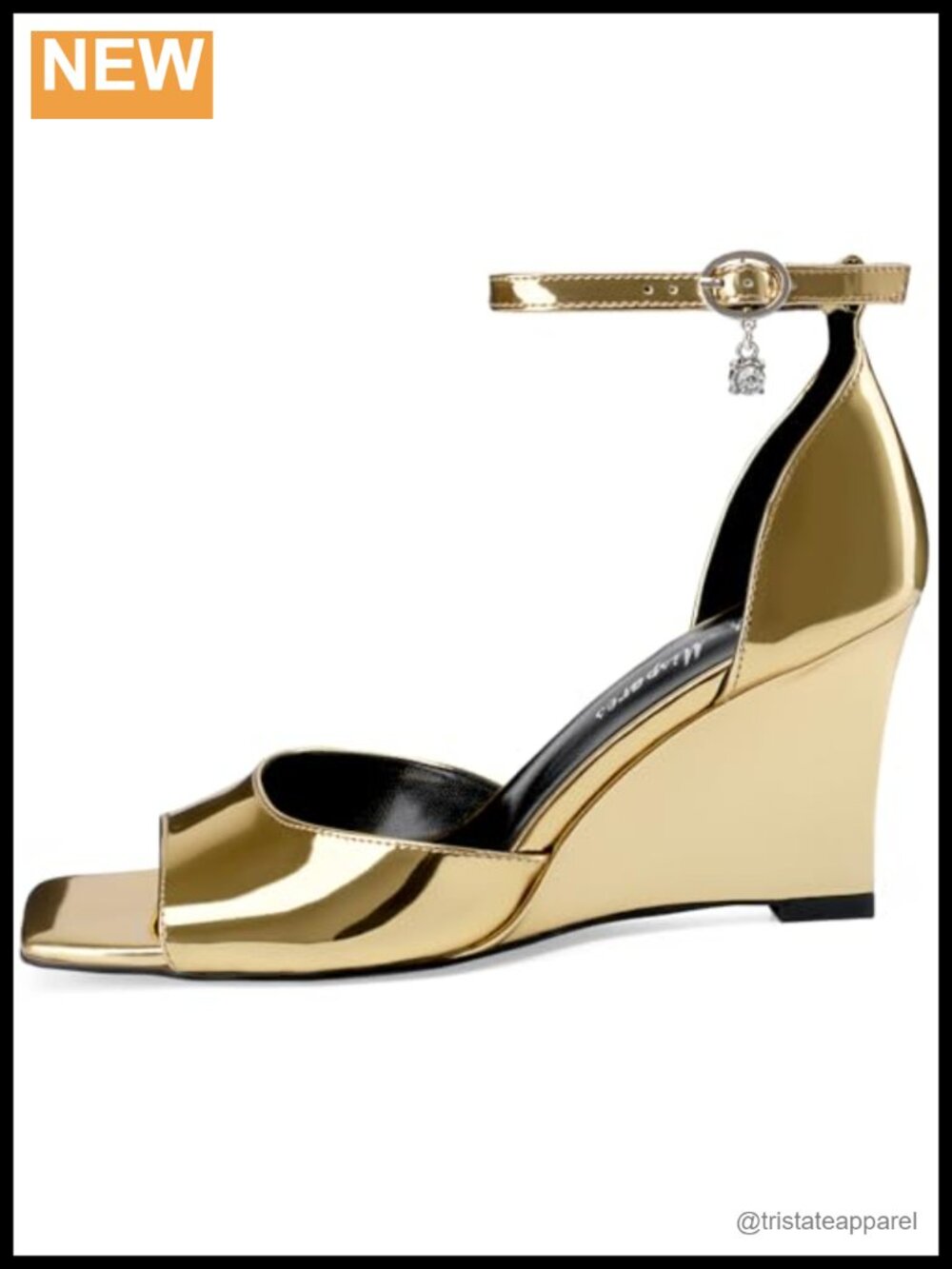 Wedge Heels Square Toe Ankle Strap 3.5 Inch Wedding Sandals Faux Leather